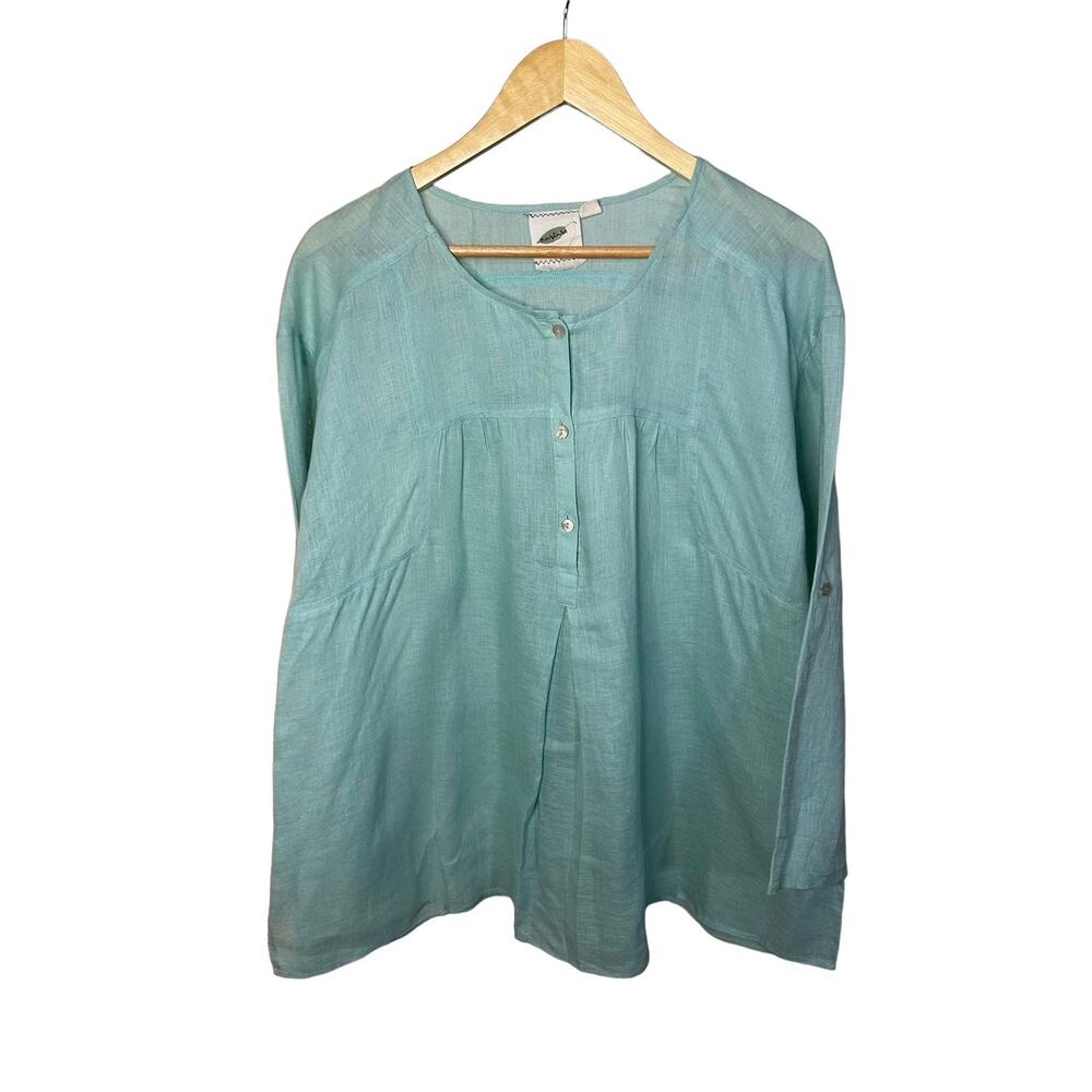 Nurture Green Linen Round Neck Blouse 3/4 Sleeves Large